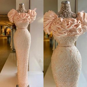 Eleganckie Suknie Wieczorowe Blush Różowy Koronkowy Aplikacje Wysoka Neck Wzburzyć Rękaw Rękaw Prom Suknie Vestido de Novia