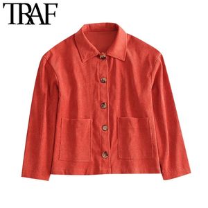 Women Fashion With Pockets Loose Corduroy Jacket Coat Vintage Long Sleeve Button-up Female Outerwear Chic Tops 210507