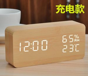 Dzwonek alarmowy kreatywny elektroniczny drewniany zegar led kontrola dźwięku prezent średnia prostokątna temperatura i wilgotność