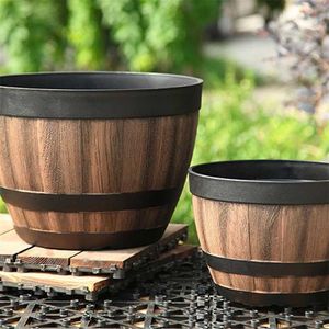 Garden Resin Flower Pot Cute Shape Whiskey Barrel Round Planter Vintage Style Great Indoor Outdoor Yard Patio 211130