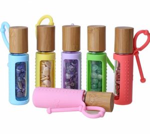 pink green silicone bottle cover 10ml Essential Oil Roller Bottles Glass Roll on Perfume Bottle Crushed Natural Crystal Quartz Stone Crystal Roller Ball Bamboo Cap
