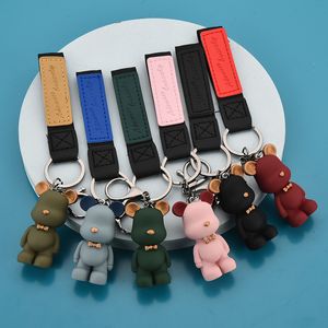 Fashion Bow Tie Bear Keychains Boy/Girlfriend Leather Lanyard Animal Key Chain Cute Bag Charms Keyring Couples Pendant Jewelry 1207cfs