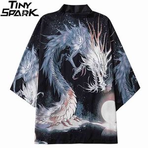 Japanese Kimono Jacket White Dragon Harajuku Hip Hop Men Japan Streetwear Summer Thin Clothing Loose 210811