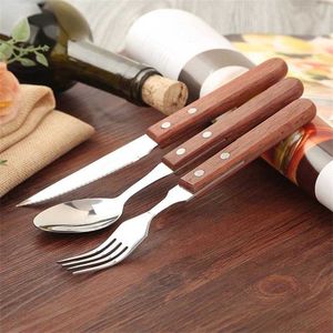 18 teile/los Holz Griff Besteck set Edelstahl Kreative Japanische Geschirr Steak Messer Gabel Löffel Küche Geschirr Japan X0703