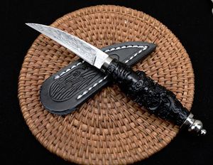 Top Quality Small Damascus Straight Knife VG10-Damascus Steel Blade Ebony Handle Fixed Blades Knives With Leather Sheath