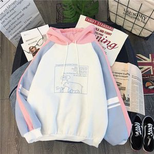 Cute Print Hoodie Women Sweatshirt Autumu Streetwear Tops Long Sleeve Hoodies Pullover Girls Oversize Sweatshirt Color Patchwork T200917