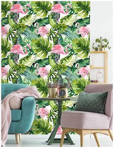 Wallpapers Waterdicht Flamingo Palm Tree Peel Wallpaper Verwijderbaar Groen/roze Zelfklevende Badkamer Woondecoratie