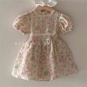 Koreansk stil toddler tjej sommar vintage tutu klänning blommönster barn flickor korta ärm klänningar baby mode 210619