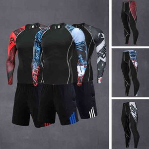 Snabbtorkare 2st / sätter män kostym Rashguard manlig kit MMA kompressionskläder manlig långärmad t-shirt + leggings Tracksuit män Y1221