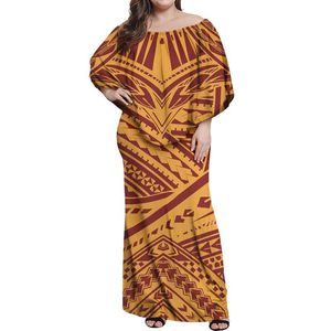 カジュアルドレスHYCOOL Polynesian 2021秋のドレス女性プラスサイズエレガントなハワイの部族プリントノースリーブスラッシュカラーヴィンテージパーティーマキシローブ