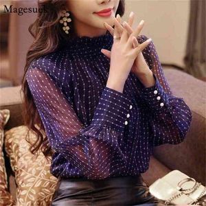 Moda Szyfonowa Bluzka Kobiety Koreański Polka Dot Z Długim Rękawem Top Purple Sexy Office Lady Pullover Koszula Blusas D468 30 210512