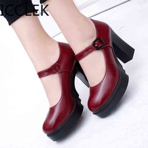 Dress Shoes New Arrival Women Classic Pumps Spring Summer Black Leather Mary Jane Heels Fashion Buckle Platform Woman A046 220303