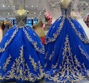 2022 Royal Blue Gold Quinceanera Vestidos V-Neck Applique Lace Frisado Espartilho Voltar Princesa Doce 16 Vestido Adultos Feminina Prom