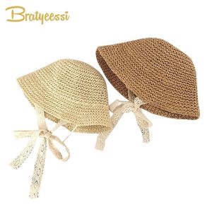 Fashion Lace Baby Hat Summer Straw Bow Baby Girl Cap Beach Children Panama Hat Princess Baby Hats and Caps for Kids 1PC 211023