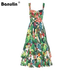 Runway Sommar Sexig Spaghetti Strap Bomullklänning Dam Tropical Jungle Florl Print Blackless Cascading Ruffle Beach Midiklänningar 210325