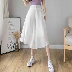 Summer White Chiffon Wide Leg Pants Women's Elastic High Waist Drooping Thin s Loose 2 Layer Calf-length Skirt 210925