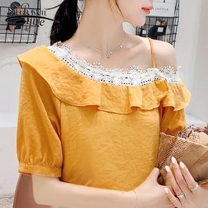 Damen Tops und Blusen Sommer Chiffon Spitze T-Shirt Gelb Grün Süßer Stil Schrägkragen Puffärmel 5159 50 210508