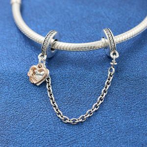 Solid 925 Sterling Silver Two-tone Family Heart Safety Chain Charm Fits European Pandora Style Jewelry Bead Bracelets