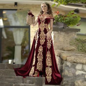 Elegante Árabe Dubai Borgonha Bainha Formal Vestidos de Noite com Skirt Destacável Apliques Caftan Marocain Kaftan Velvet Mulheres Prom Festa Vestidos de Celebridade