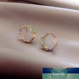 New Arrival Classic Round Pink Green Crystal Stud Earrings Sweet Flower Cirlce Jewelry Fashion Brincos Gift for women Factory price expert design Quality Latest