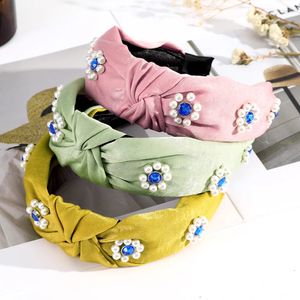 Yeni Moda Rhinestone Hairband Inci Düğüm Kadınlar Katı Geniş Bantlar Türban Kızlar Saç Hoops Headwraps Saç Aksesuarları