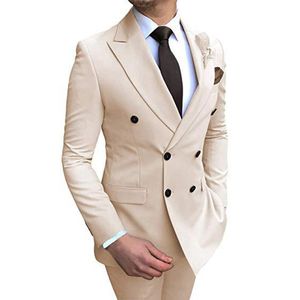 Men's Suits & Blazers 2 Pieces Beige Solid Color Collar Slim Fit Casual Business Dress Double Breasted Suit Groom Groomsmen Costumes