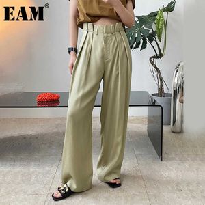 [Eam] 높은 허리 카키색은 불규칙한 긴 넓은 다리 바지 새로운 느슨한 맞는 바지 여성 패션 봄 여름 2021 1DE0932 Q0801