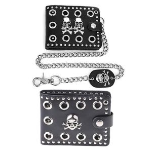 Wallets THINKTHENDO Leather Cool Punk Gothic Western Skull Clutch Purse With Chain For Men