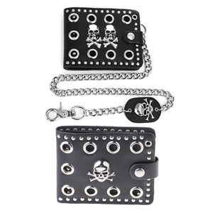 ウォレットThinkThendo Leather Cool PunkGothic Western Skull Clutch Purse With Chain for Men