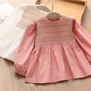İlkbahar Sonbahar Moda Giyim 2 3 4 6-10 Yıl Çocuklar Çocuk Üstleri O-Boyun Uzun Kollu Tüm Maç Pamuk Bebek Kız Bluz Gömlek 210701