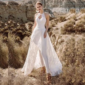 White Jumpsuit Overskes 2021 Vestidos de Noiva Vestidos De Noiva Halter Pescoço Lace Appliqued Noiva Calças Terno Do Assoalho Comprimento Satin Vestidos de Novia