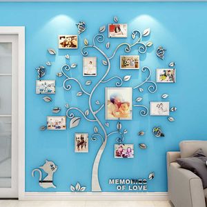 3D зеркало стены наклейки DIY PO кадра дерево акриловые наклейки семьи PO дерево стены наклейки искусства дома декоративные наклейки стены 210705