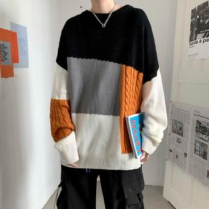 E-BAIHUI Men's Sweater Autumn Stitching Contrast Color Knit Men and Women Loose Outer Wear Round Neck Y0907