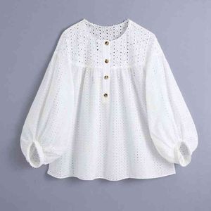 Women Hollow Embroidery Loose White Shirt Female Lantern Sleeve Blouse Casual Lady O Neck Tops Blusas S8735 210430