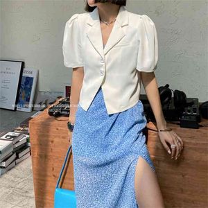 Elegant Vintage Puff Sleeve Vit Blusar Kvinnor Sommar Koreansk stil Lapel Collar Toppar Skjorta Femme Blusas Svart 210601