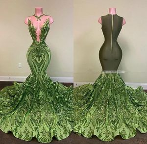 Green Sparkly Sequin Lace Mermaid Long Prom Dresses 2022 Sexy See Through Sleeveless African Women Black Girl Evening Gala Gowns