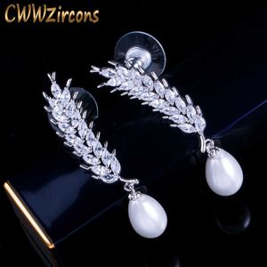 Hohe Qualität Mode Zirkonia Silber Farbe Baumelnde Tropfen Perle Schmuck Weizen Feder Ohrringe Für Frauen CZ094 210714