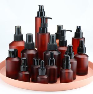 Protable Âmbar Brown Glass Bottle Loção Recarregável Creme Cosmético Recipiente 15ML 30 ML 60ml 100ml Spray Bomba Garrafas