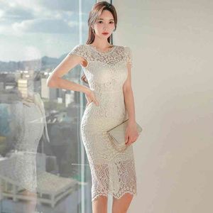 Dress Women Short Sleeve Summer Slim Sexy Hollow Lace High Waist Woman Z15 210426