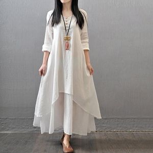Günlük Elbiseler 2021 Yaz Tarzı Moda Kadınlar Köylü Etnik Bohemian Pamuk Keten Uzun Kollu Çingene Maxi Elbise