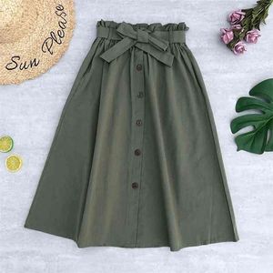 Autumn Elegant Skirts Elastic Waist Buttons Bow Stretched With Pocket Female Solid Color 210621