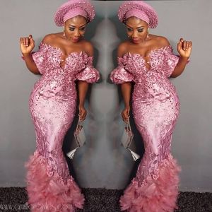 African Ebi Elegant Aso Mermaid Evening Dresses 2021 Pink Lace Nigerian Style Plus Size Formal Prom Party Gown