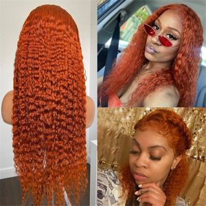 Lace Parmor Orange Ginger Curly Front Human Hair 180 Densitet 4x1 T Part Frontal Wig Brazilian Remy Pre Plocked för Kvinnor