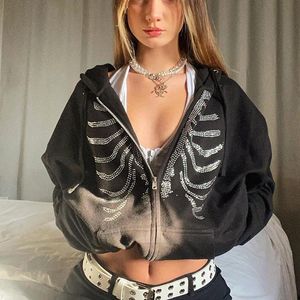 Kadın Hoodies Tişörtü Rhinestone İskelet 2021 Yaz Zip Yukarı Boy Hoodie Goth Kadınlar Grunge Kapşonlu Ceket Streetwear Retro Ter