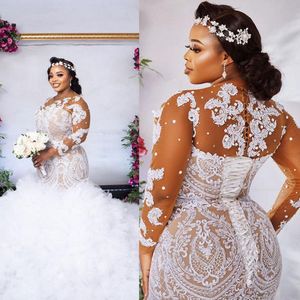 Plus Storlek Illusion Långärmad Bröllopsklänningar Brudklänningar 2021 Sexig African Nigerian Jewel Neck Lace-up Back Mermaid Applique Vestido de Novia