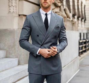 Gray Men Wedding Suits Summer Beach Double Breasted Groom Tuxedos Mens Prom Blazer 2 Pieces Suit (Jacket+Pants)1