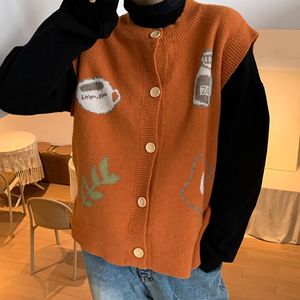 Vår och höst Preppy Style Stickad Cartoon Patchwork Ärmlös Vest Sweaters Womens Pullovers (F1482 210508