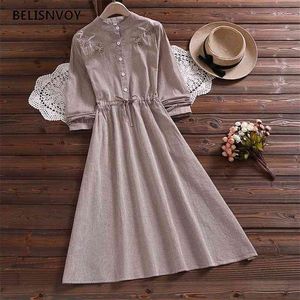 Mori Girl Autumn Spring Women Elegant Dress Floral Embroidery Vintage Striped Casual Vestidos Femininos Sweet Cotton Lady 210520