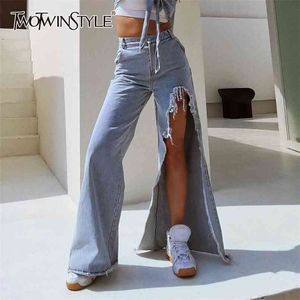 TWOTYLE Patchwork Tassel Jeans For Women High Waist Casual Streetwear Wide Leg Denim Pants Female Fashion Clothes 210809