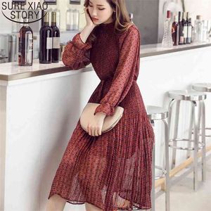 Spring Women Elegant Printed Floral Chiffon Dress Long Sleeve Fashion Casual Pleated Korean Style Female 210510